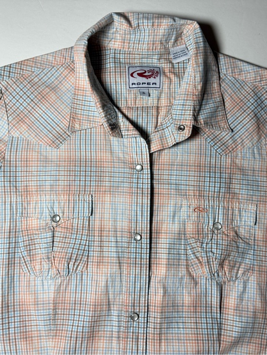 Roper Tops - Roper XL Western Plaid Snap Button Shirt Peach Blue Puff Sleeve 100% cotton top